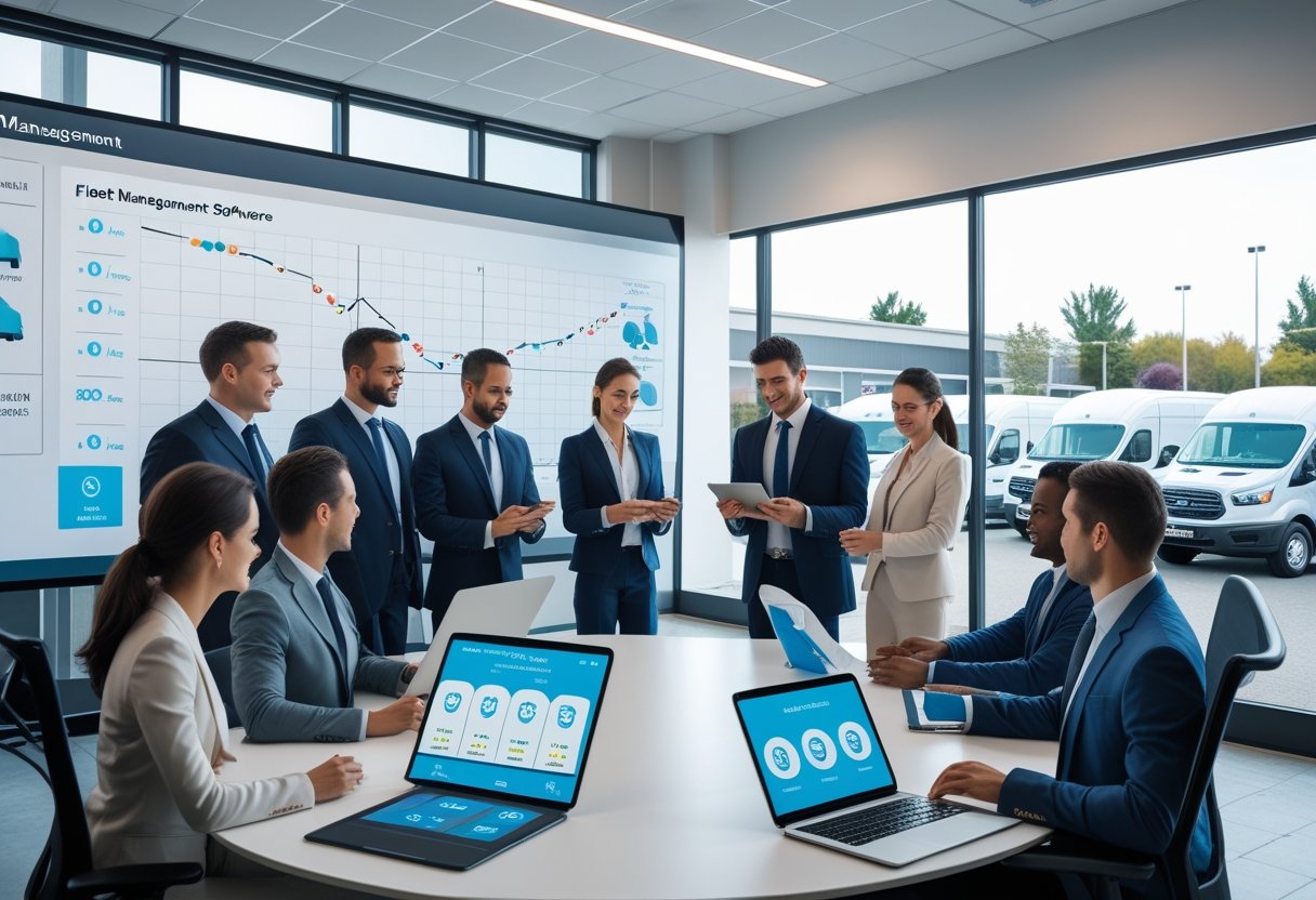 Business professionals reviewing fleet management software around a conference table with delivery vans visible outside a modern office.