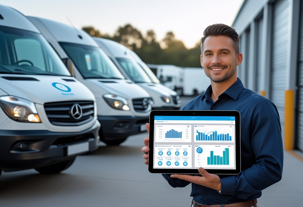 A small business owner stands next to a row of commercial vehicles while holding a tablet showing fleet management data, with a warehouse in the background.