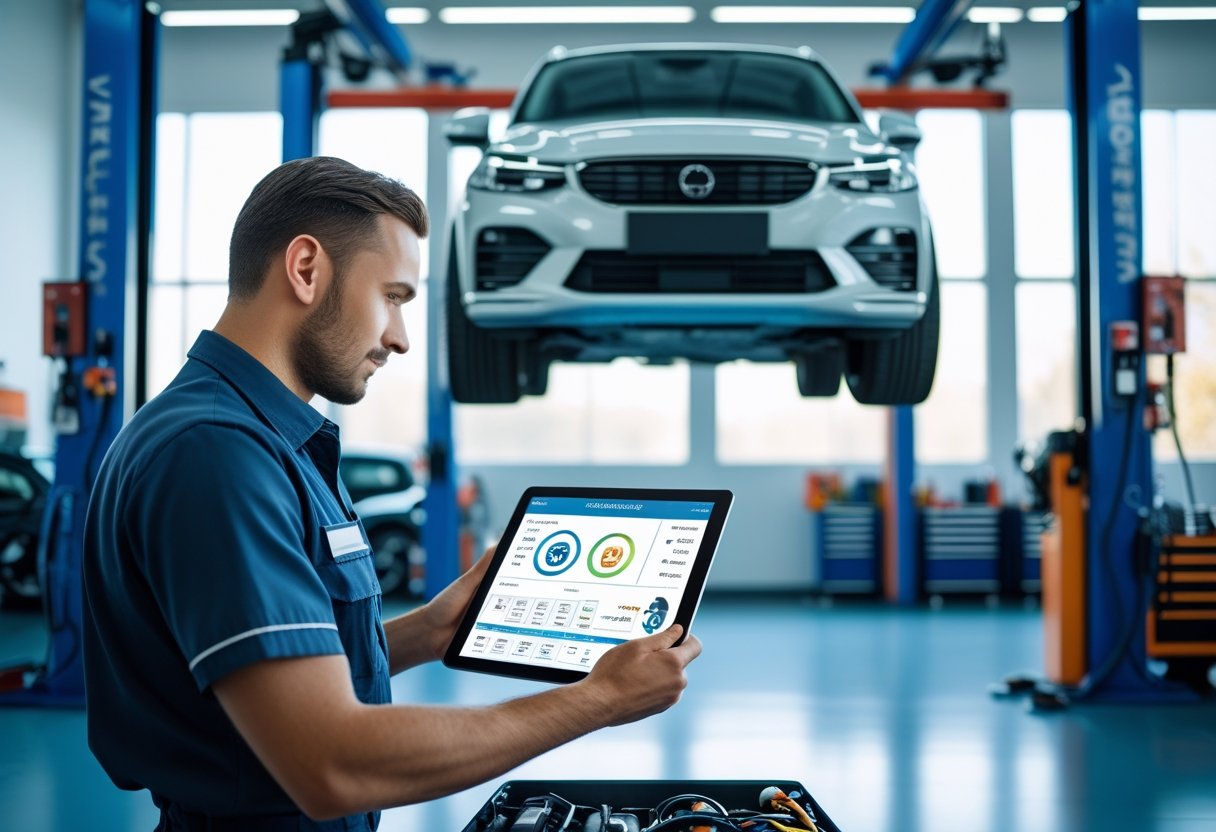 A mechanic in a workshop uses a digital tablet to check vehicle diagnostics while a car is lifted for maintenance.