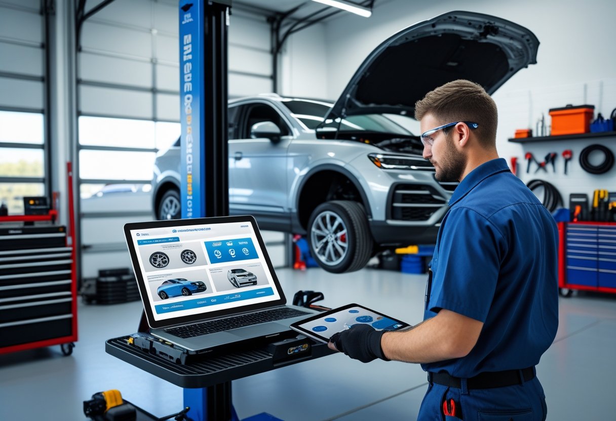 A technician using a tablet in a clean garage with a car lifted on a hydraulic lift and its hood open.