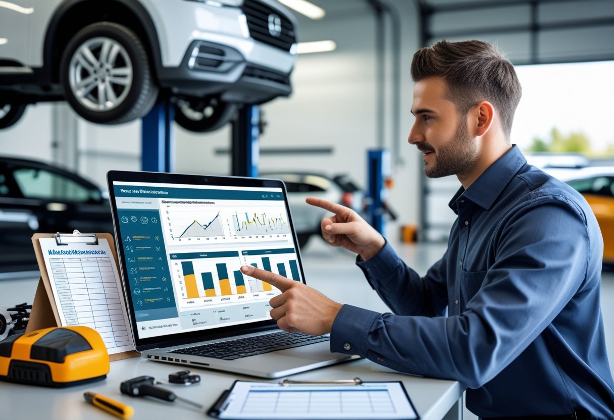 A person using a laptop showing vehicle maintenance software in a workspace with automotive tools and a model car nearby.