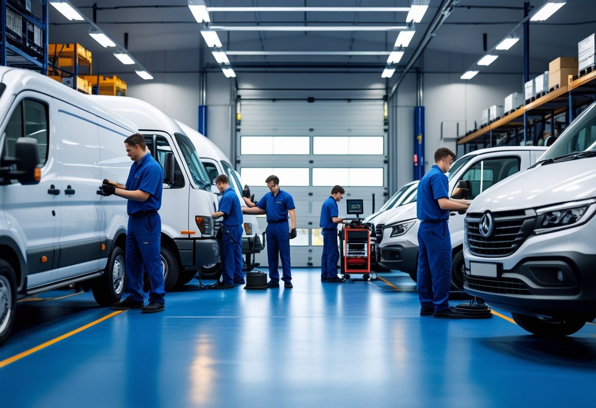 Mechanics servicing commercial vehicles inside a clean and organized fleet maintenance garage.