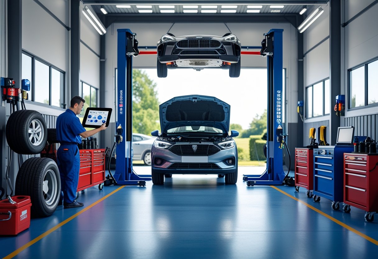 A mechanic inspecting a car engine with diagnostic equipment in a clean vehicle maintenance workshop where another technician works under a car on a lift.
