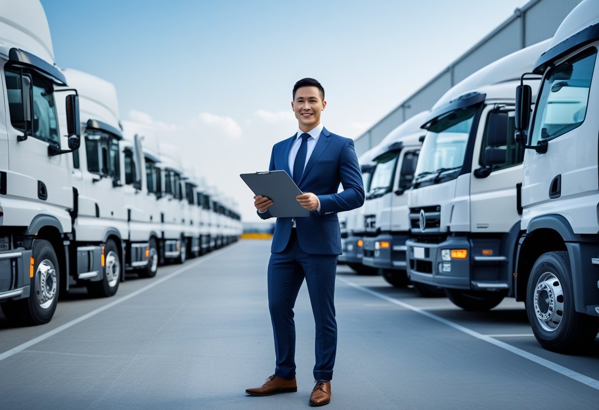 A businessperson standing next to a row of commercial trucks outside a logistics warehouse.