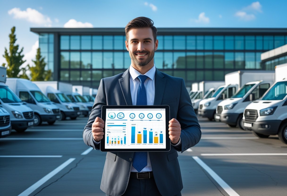 A businessperson holding a tablet showing fleet management software stands in front of a parking lot filled with commercial vehicles near an office building.