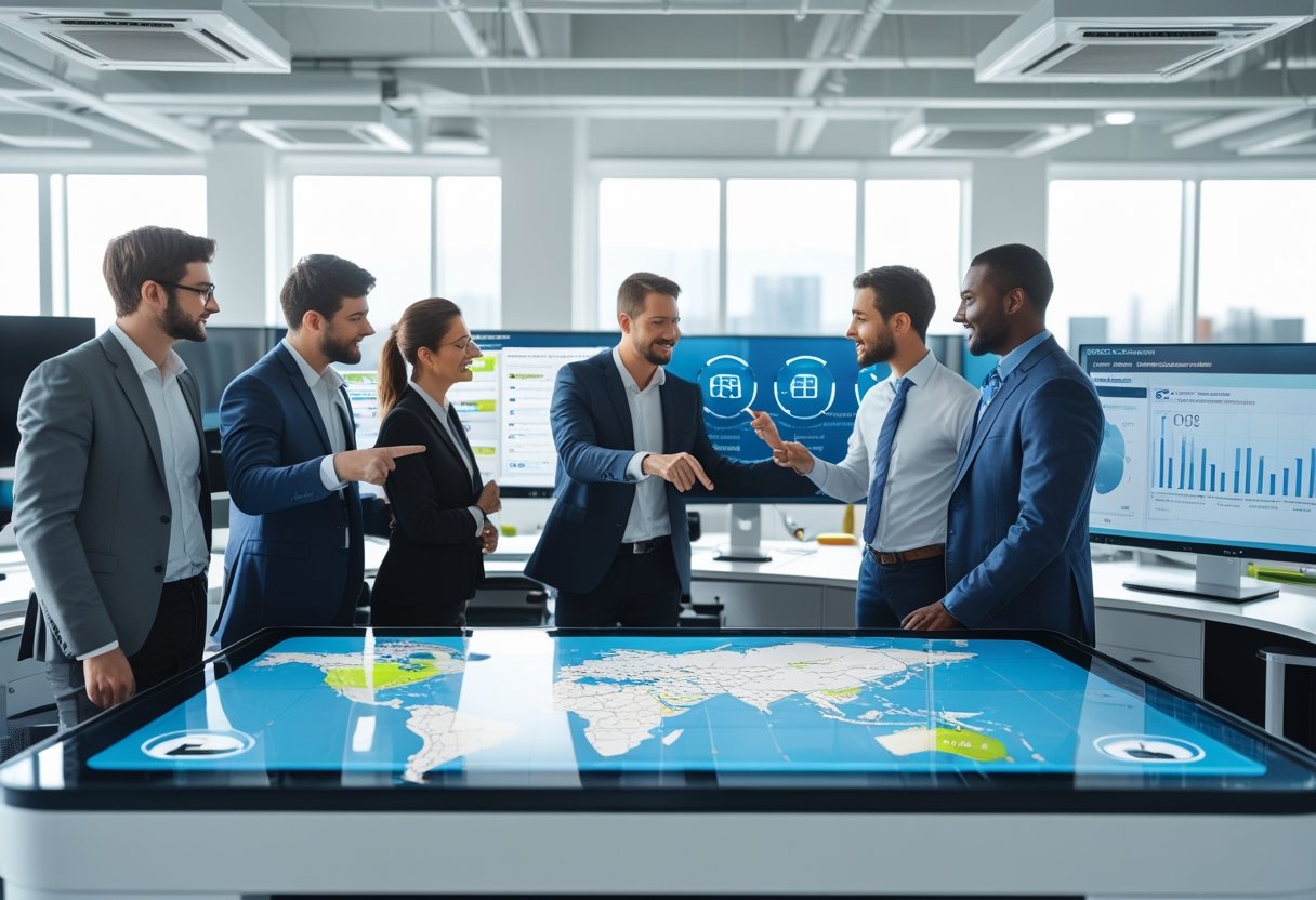 Business professionals collaborating around a digital touchscreen table displaying maps and data in a modern office with large monitors showing telematics information.