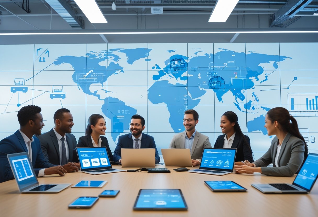 Business professionals collaborating in an office with digital devices displaying telematics data and maps on screens.