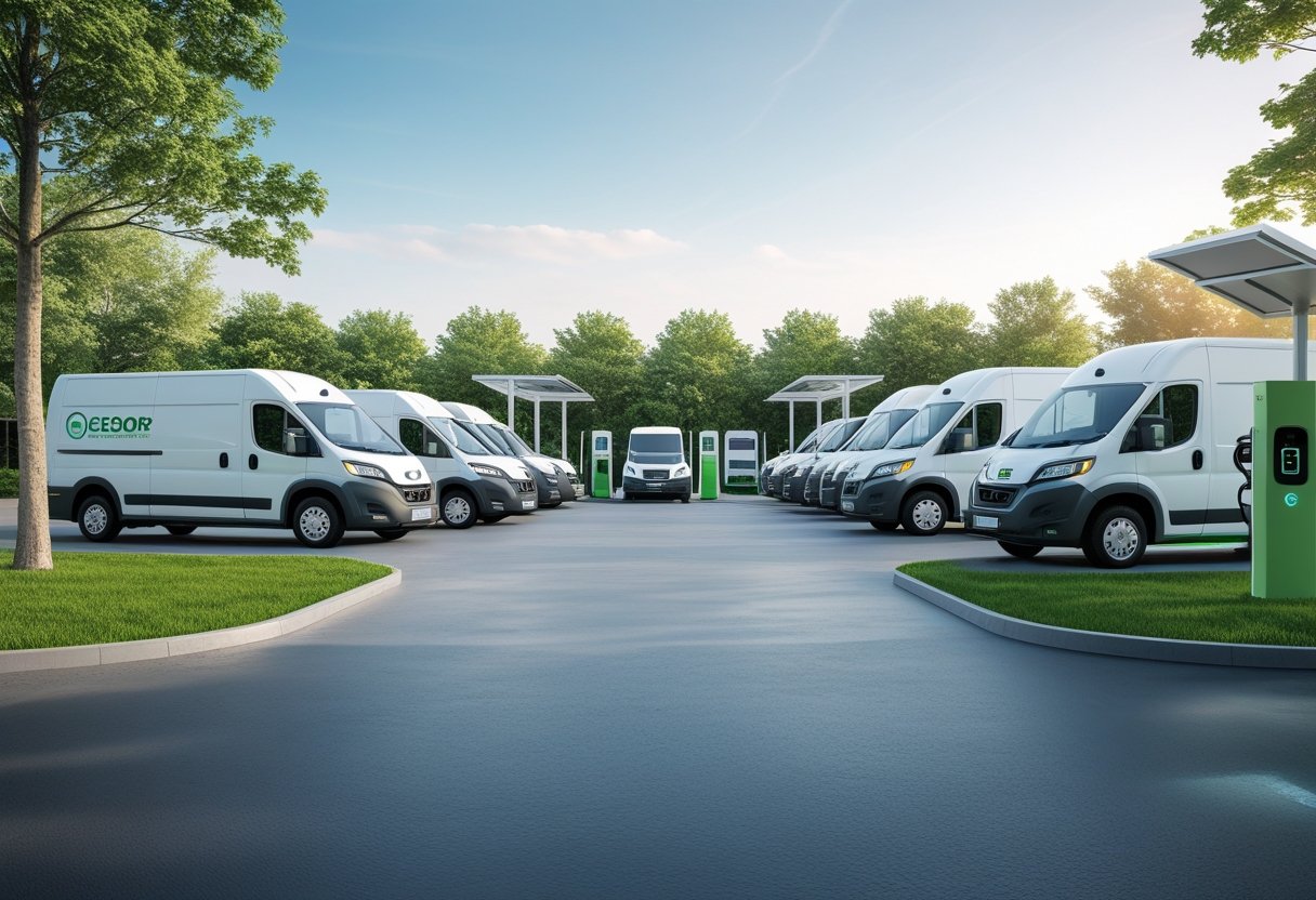 A fleet of electric delivery vehicles parked in a green lot with solar panels and charging stations, while managers use tablets to monitor them.