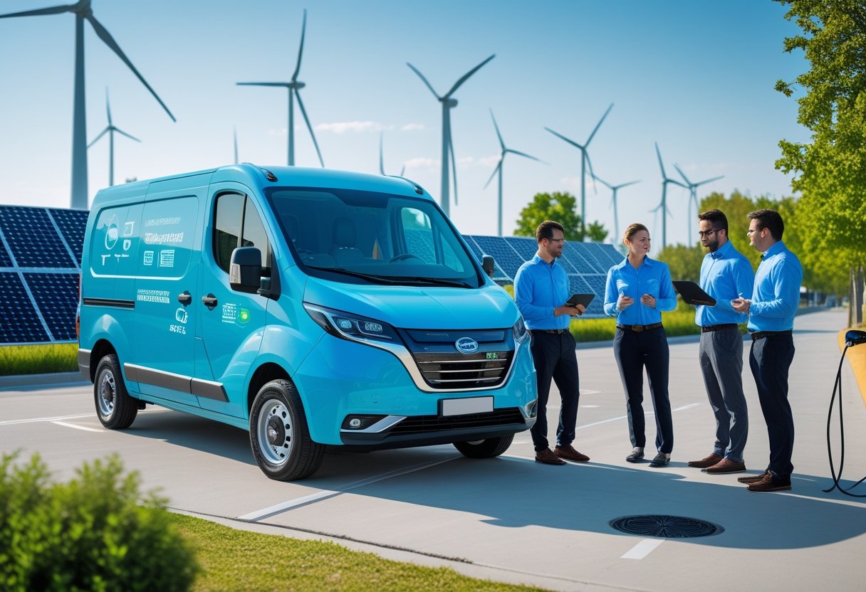 A group of professionals standing near an electric delivery van in a city setting with solar panels, wind turbines, and trees visible in the background.