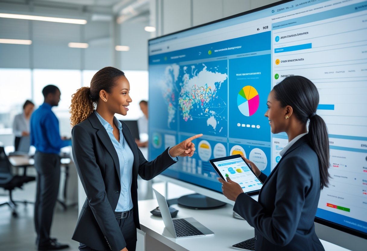 A team of logistics professionals in an office reviewing fleet management software on a large screen showing vehicle routes and data charts.
