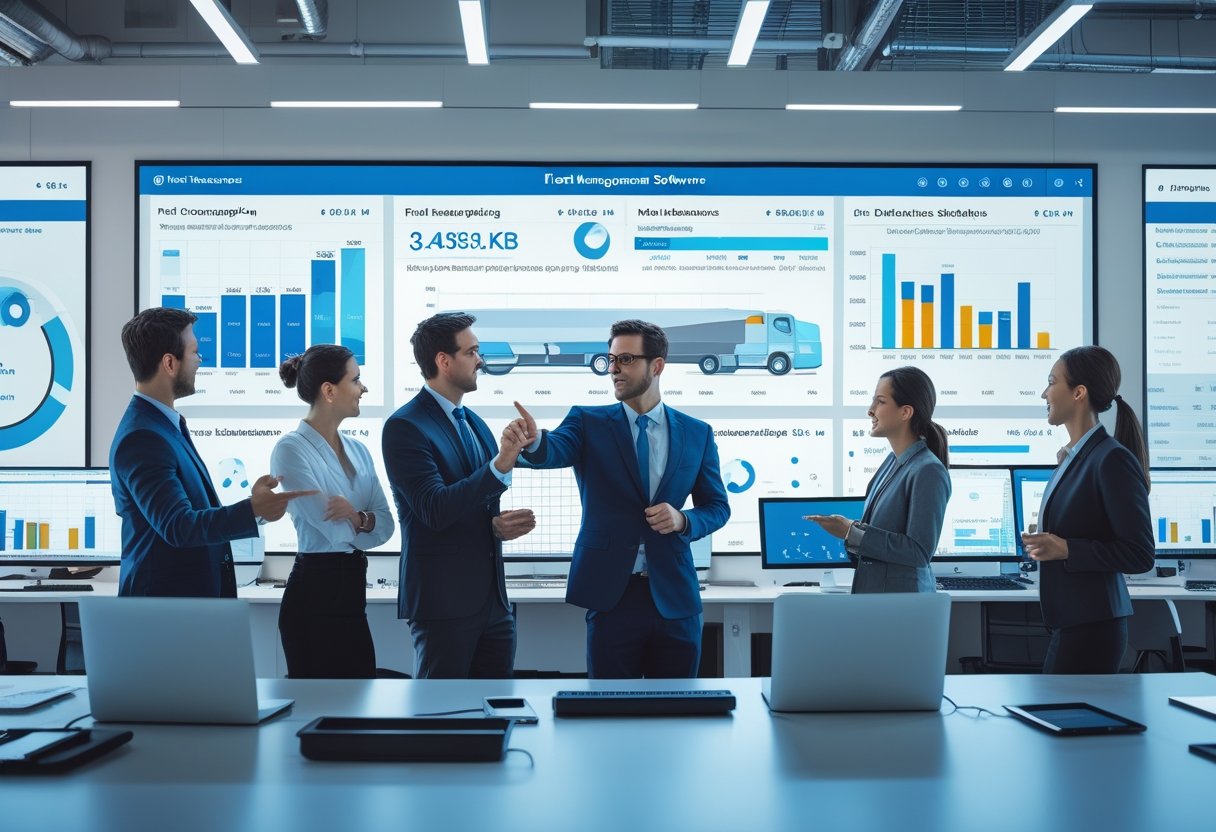 A team of professionals working together in an office with digital screens showing fleet management data and maps.