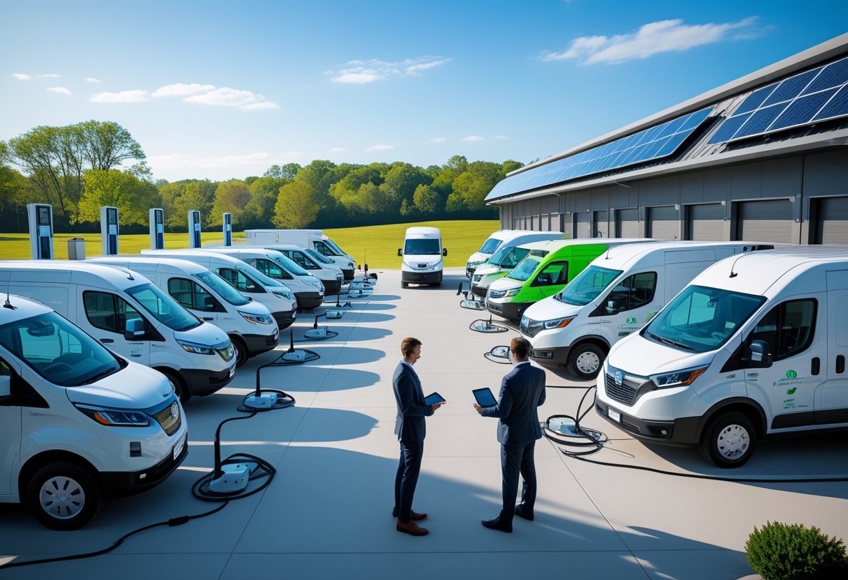 A fleet of electric delivery vans and trucks parked at a depot with charging stations, solar panels on the roof, and fleet managers inspecting the vehicles.