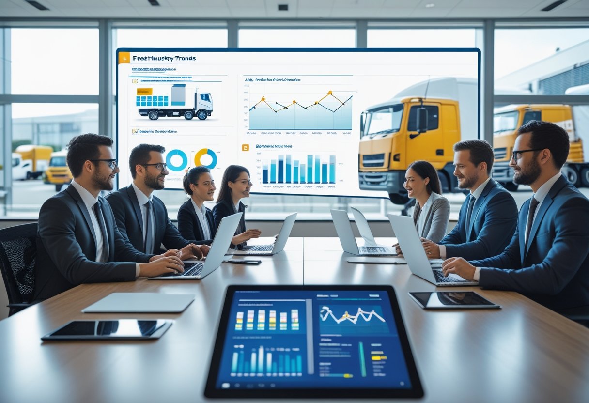 Business professionals collaborating around a table with digital devices showing fleet industry data and charts in a modern office.