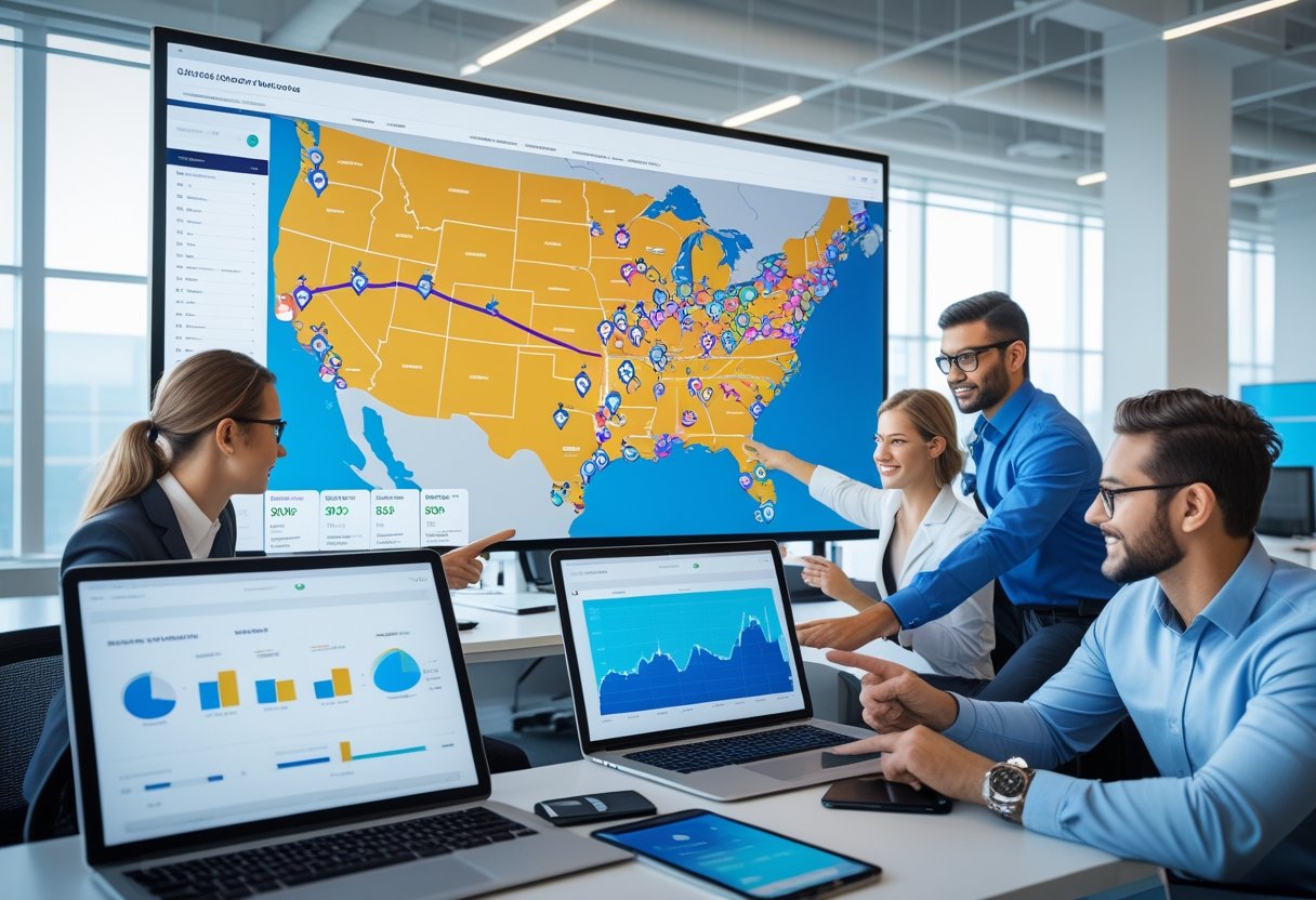 A team of professionals working together in an office, looking at digital maps and data on screens showing vehicle locations and routes.
