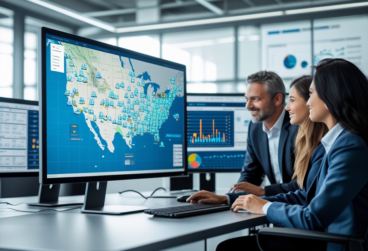Office with professionals analyzing a computer screen showing a digital map with moving vehicle icons representing fleet tracking.