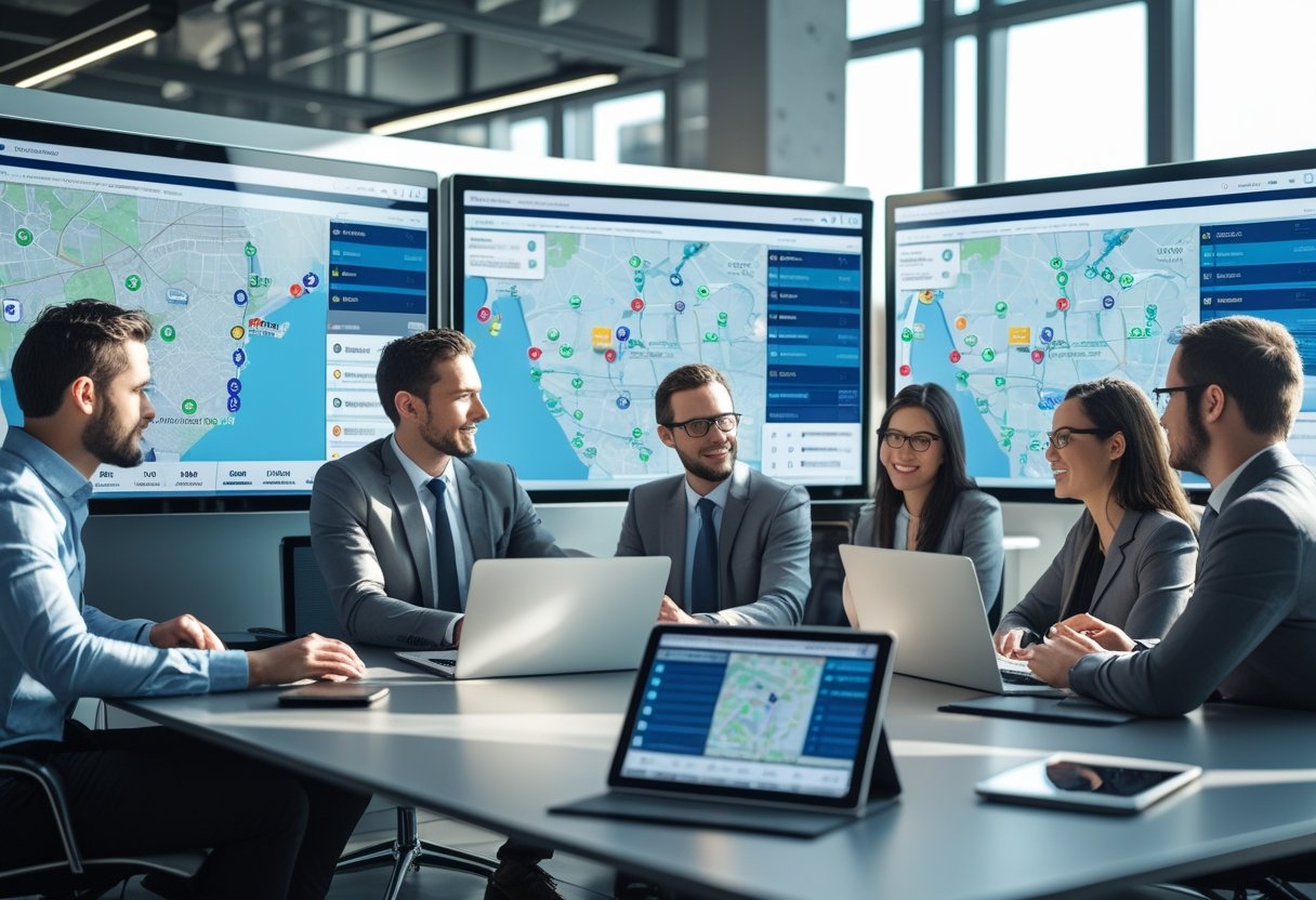 A group of professionals in an office looking at computer screens showing maps and vehicle tracking data.