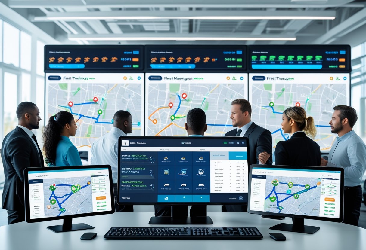 A team of professionals in an office monitoring multiple screens showing maps, vehicle locations, and data for fleet management.