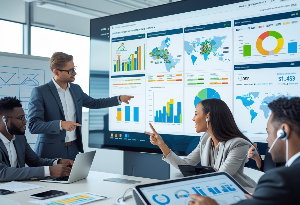 A team of professionals in an office reviewing a large digital dashboard showing vehicle locations, routes, and data charts related to fleet management.