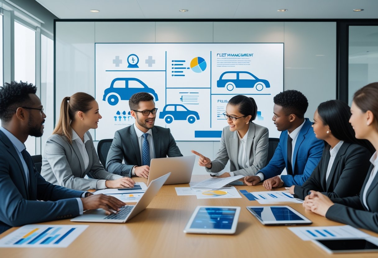 A group of business professionals in a conference room discussing fleet management with laptops and charts.