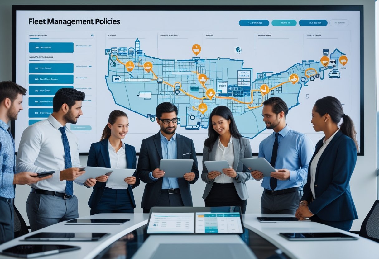Business professionals reviewing fleet management data and maps around a conference table in an office.