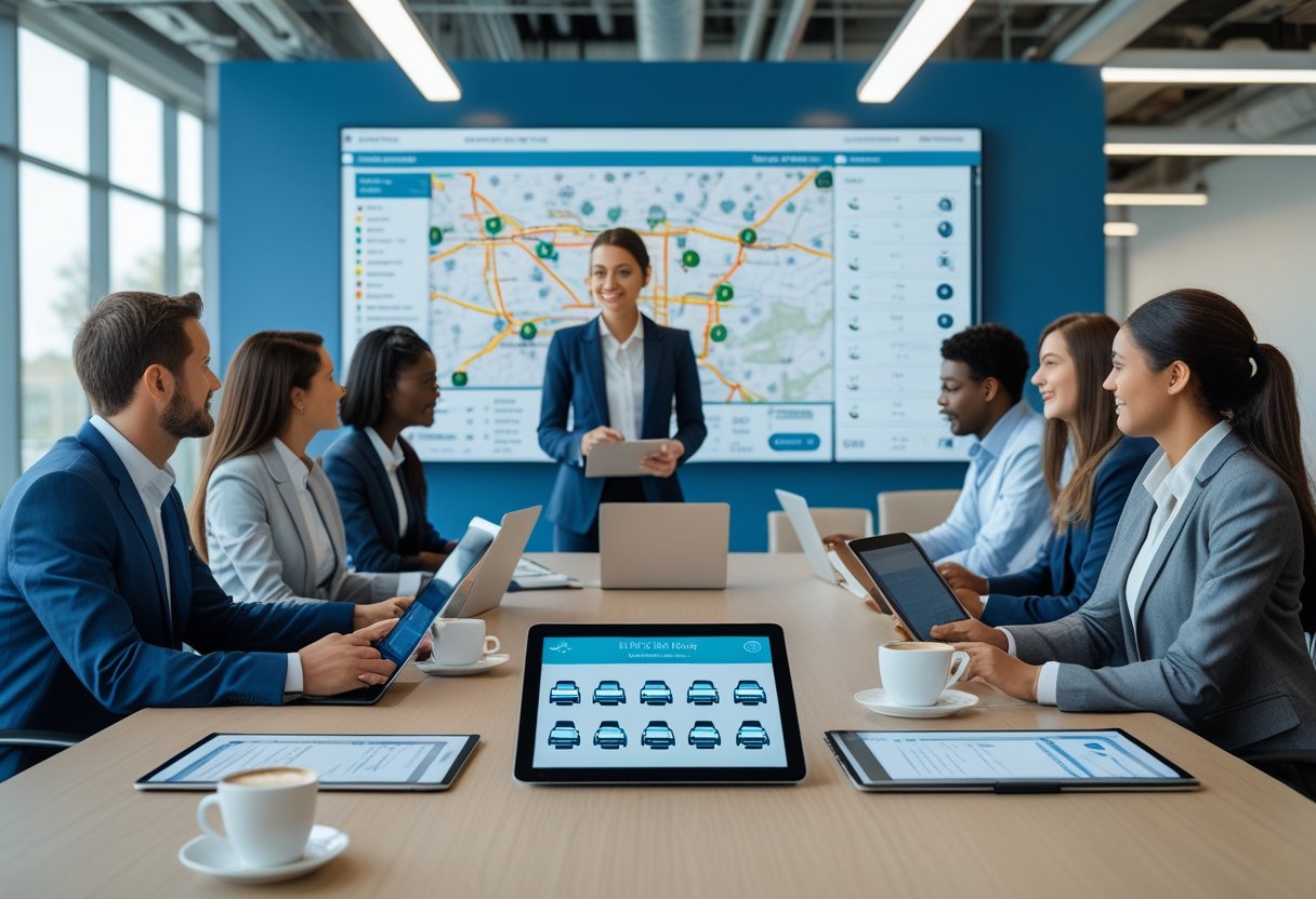 Business professionals collaborating around a table with digital devices and a large screen showing vehicle routes in an office.