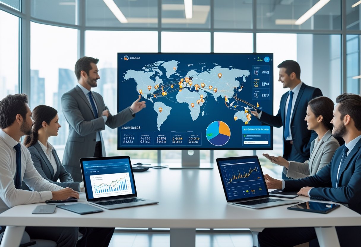 Business professionals in an office reviewing a digital map with vehicle routes and data on multiple screens.