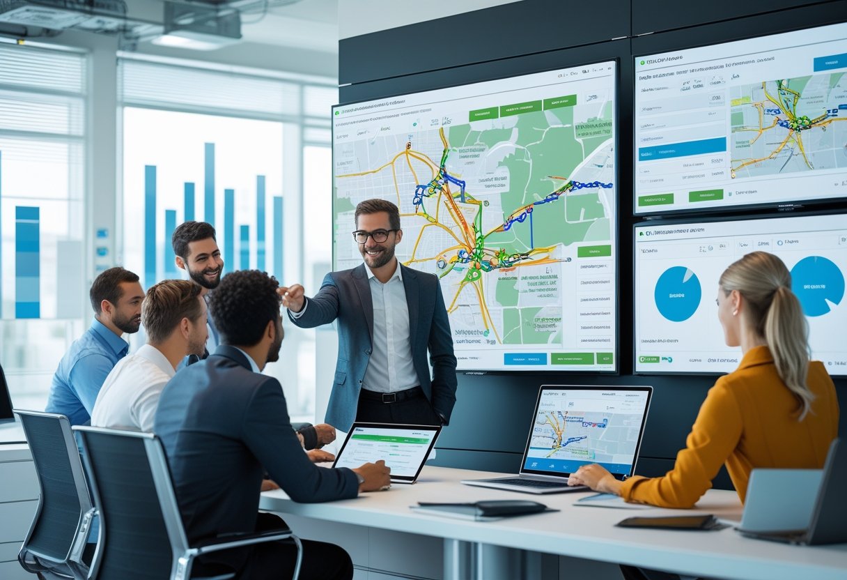 A group of professionals in an office reviewing vehicle locations and data on large digital screens as part of fleet management.