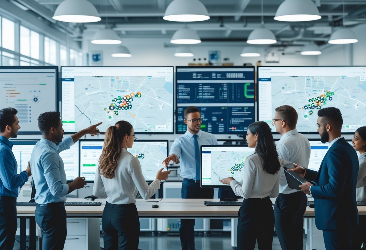 A team of professionals monitoring vehicle locations and data on multiple computer screens in a modern office.