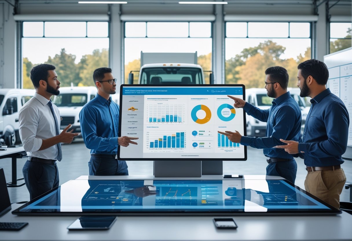 A team of fleet managers and technicians collaborating around a digital touchscreen displaying fleet maintenance data in a bright office with vehicles visible outside.