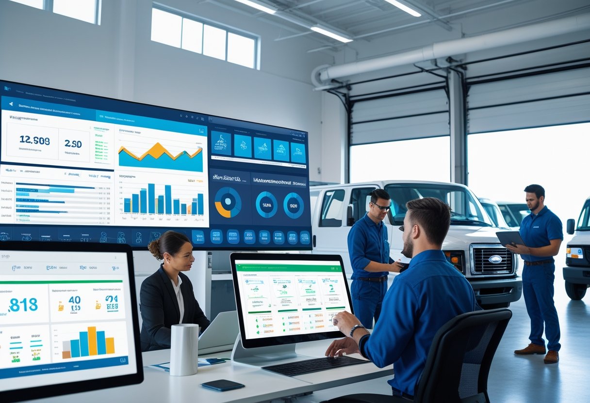 A team of professionals working with fleet maintenance software on a computer while a technician inspects a vehicle in a workshop with fleet vehicles parked outside.