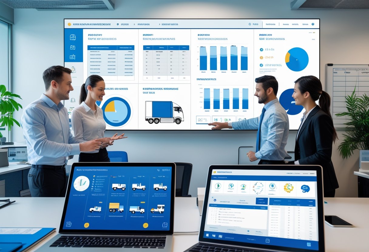 A diverse team of professionals collaborating around a large touchscreen displaying fleet maintenance data and charts in a modern office.