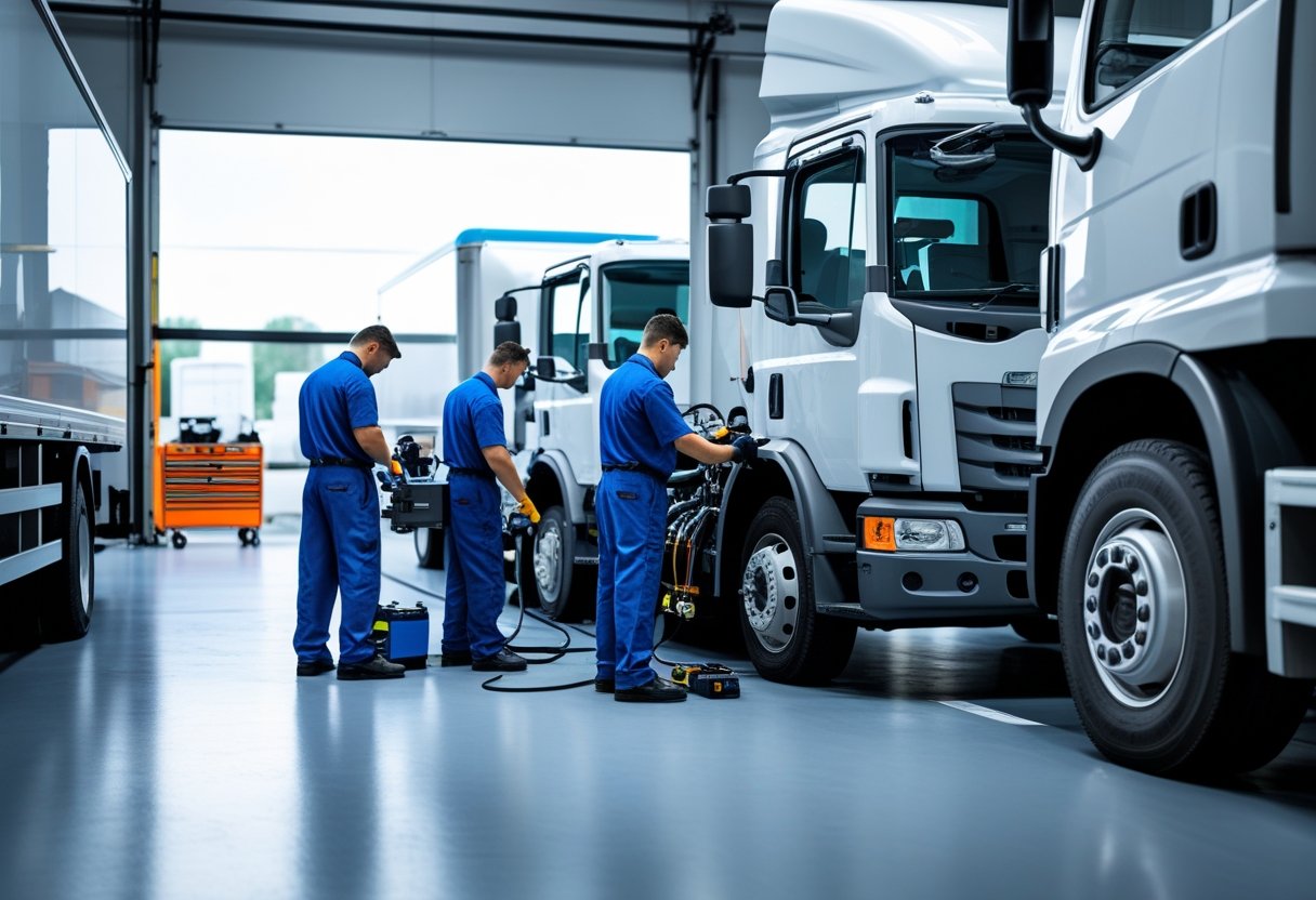 Mechanics servicing commercial trucks and vans in a clean, organized vehicle maintenance garage.