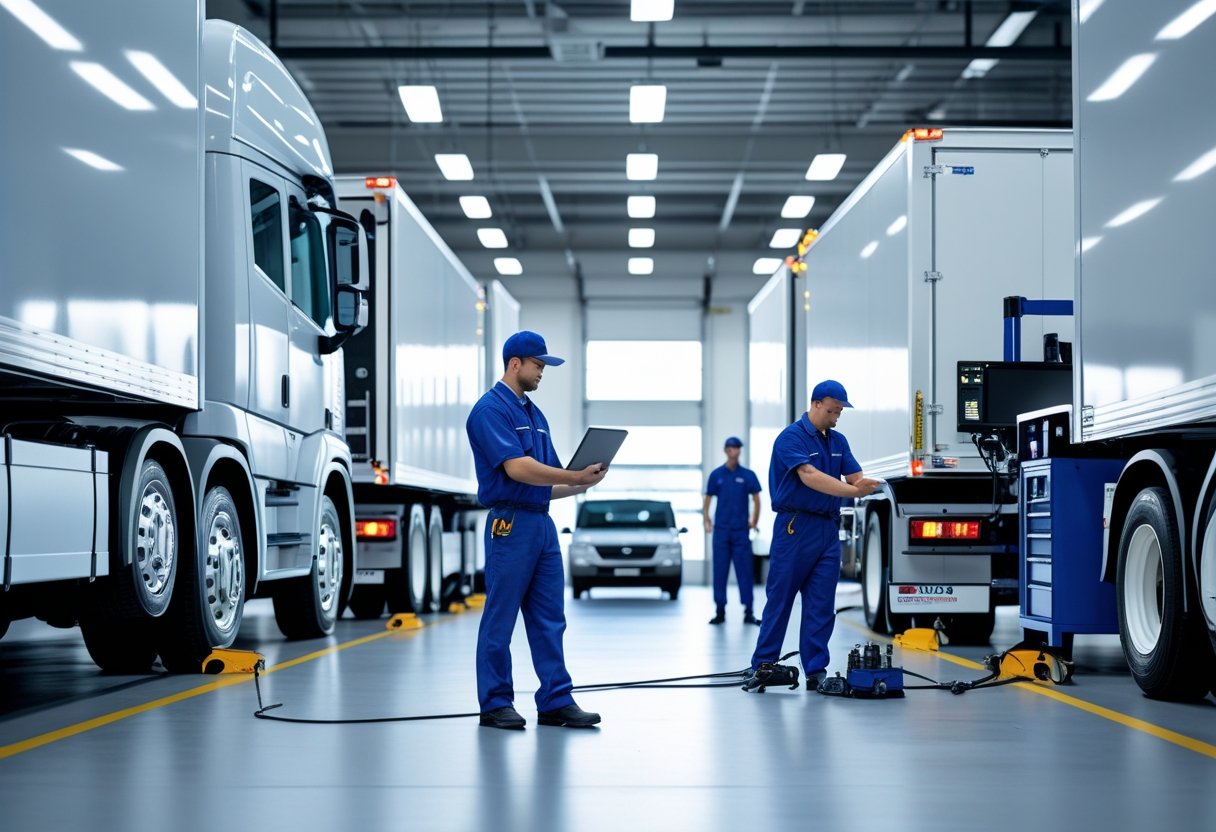 Mechanics working on commercial trucks inside a clean and organized maintenance garage.