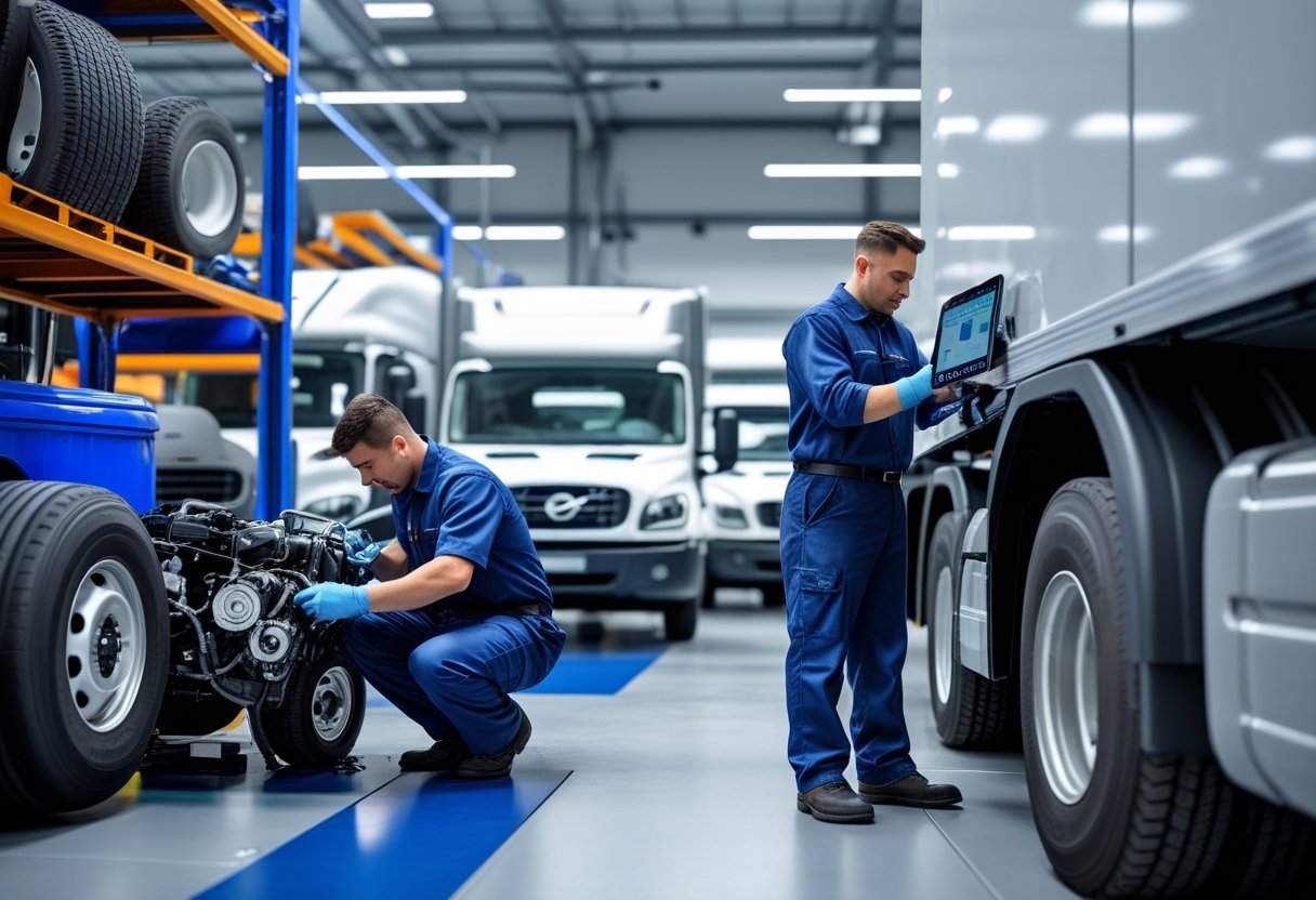 A mechanic inspects a commercial truck engine while another checks tire pressure in a clean and organized fleet maintenance facility with trucks and maintenance equipment.