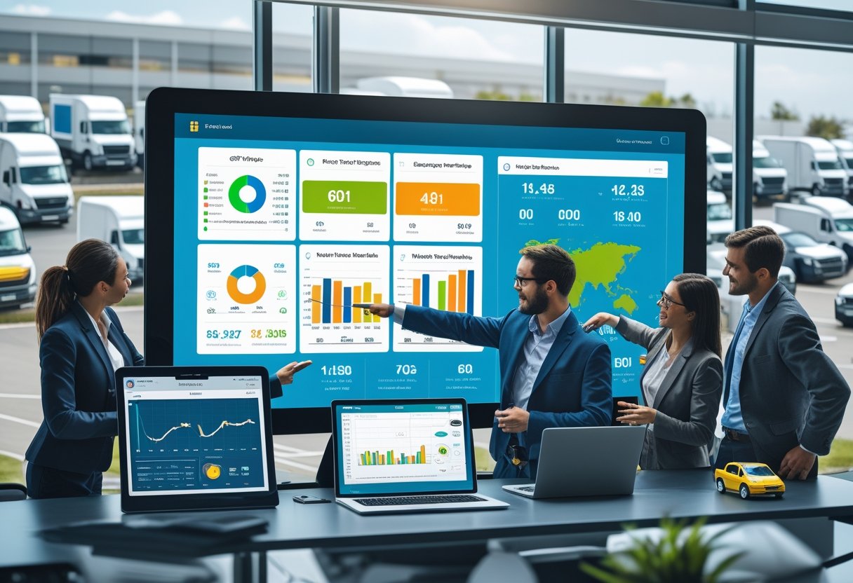 A team of professionals in an office reviewing a digital dashboard with vehicle data, surrounded by devices and a view of a parking lot with commercial vehicles.