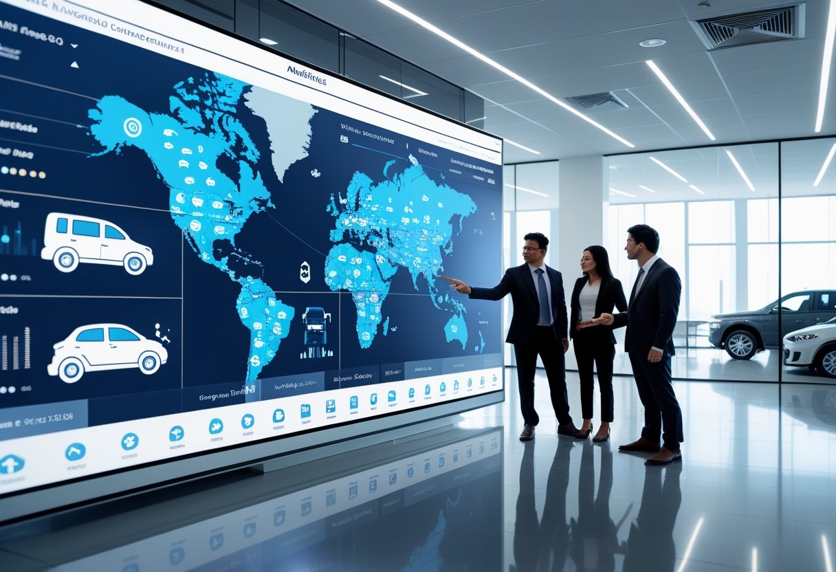 A team of professionals reviewing a digital dashboard showing real-time vehicle tracking and analytics in a modern office.