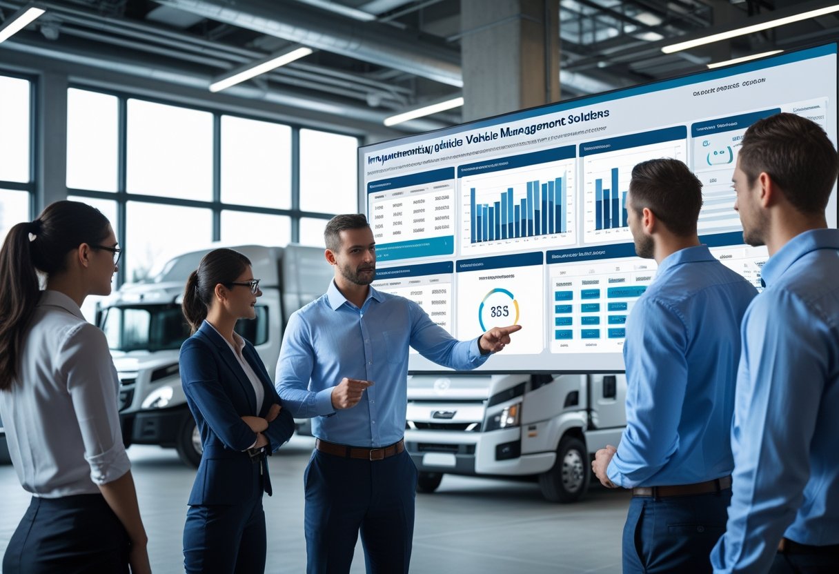 A team of professionals in an office reviewing digital vehicle tracking and management data with a fleet of commercial vehicles visible outside the window.