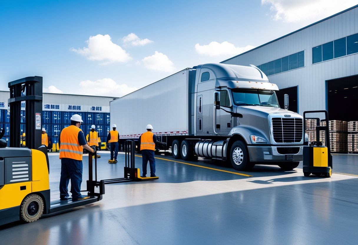 A large semi-truck at a busy distribution center with workers loading cargo using forklifts and pallets.