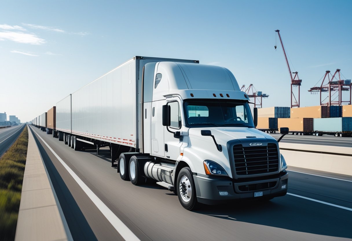 A white semi-truck driving on a highway near warehouses and shipping containers.