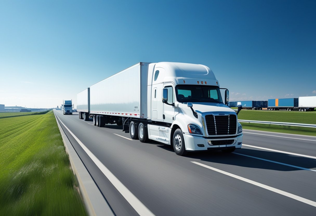 A large white semi-truck driving on a highway with green fields and warehouses in the background.