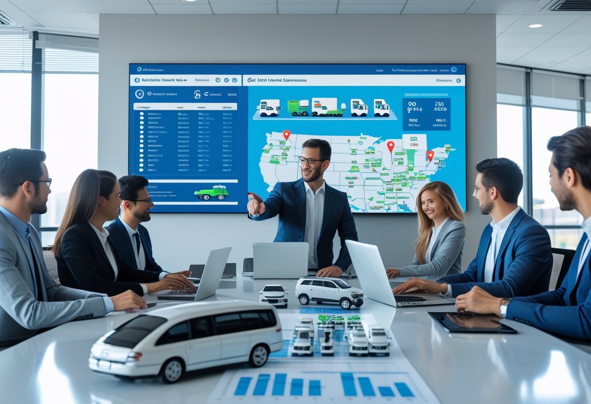 A team of professionals in an office reviewing fleet data on a large digital screen and discussing logistics around a conference table.