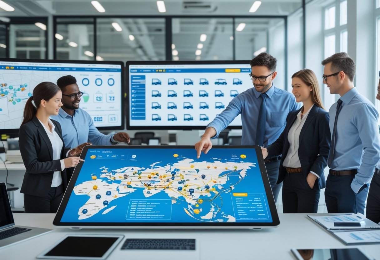 A team of professionals in an office reviewing a digital map and fleet data on a touchscreen table, discussing vehicle routes and fleet management.