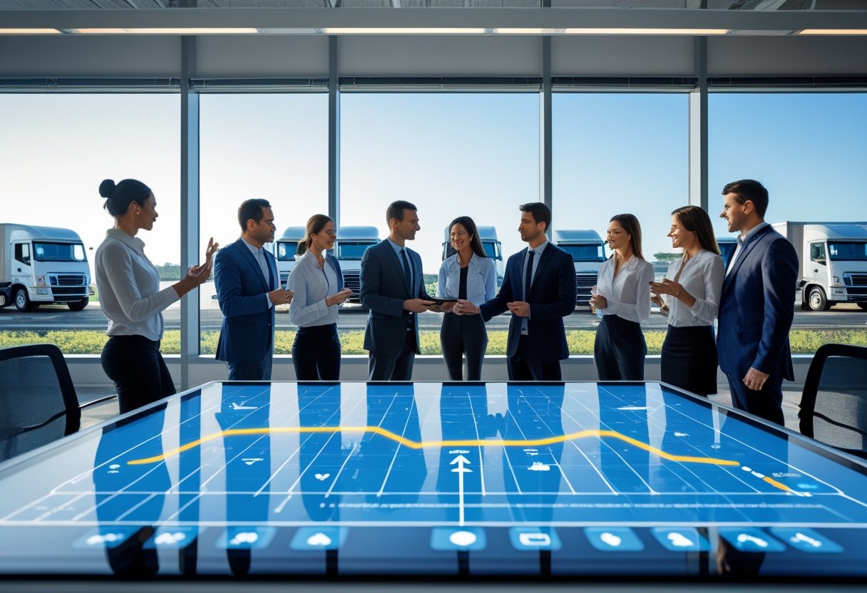 Business professionals collaborating around a digital touchscreen table showing vehicle icons and growth charts, with a fleet of trucks parked outside visible through large windows.
