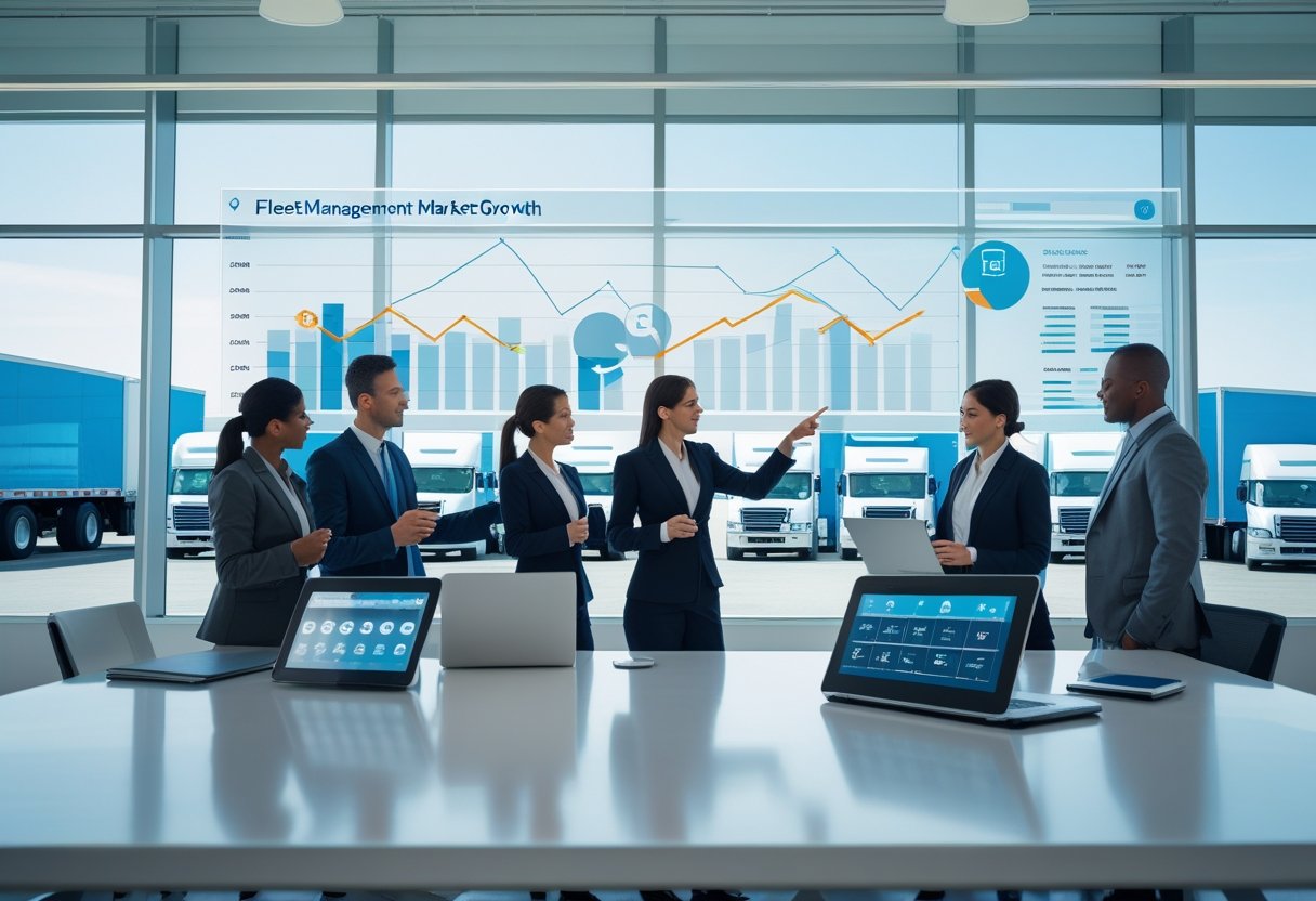 Business professionals in an office analyzing digital screens with fleet management data and a fleet of trucks visible outside the window.