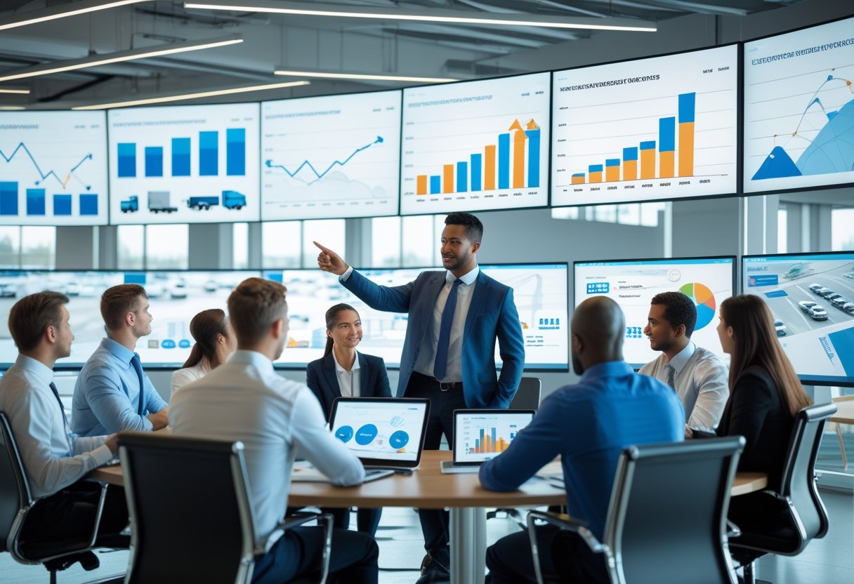 A team of professionals in an office analyzing data on screens showing fleet management information with commercial vehicles visible outside the window.