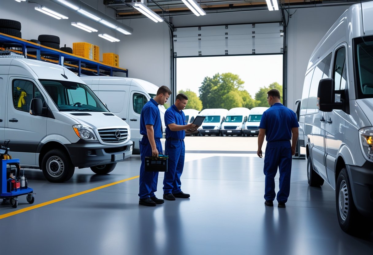 Mechanics inspecting and servicing commercial vehicles in a clean and organized garage with tools and equipment.