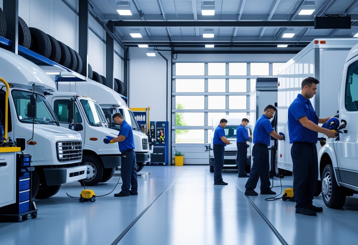 Mechanics inspecting and servicing commercial trucks inside a clean and organized vehicle maintenance workshop.