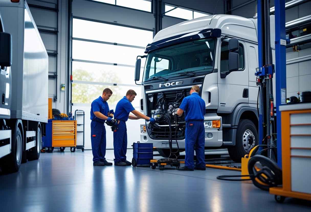 Technicians servicing commercial trucks and vans inside a clean and organized fleet maintenance workshop.