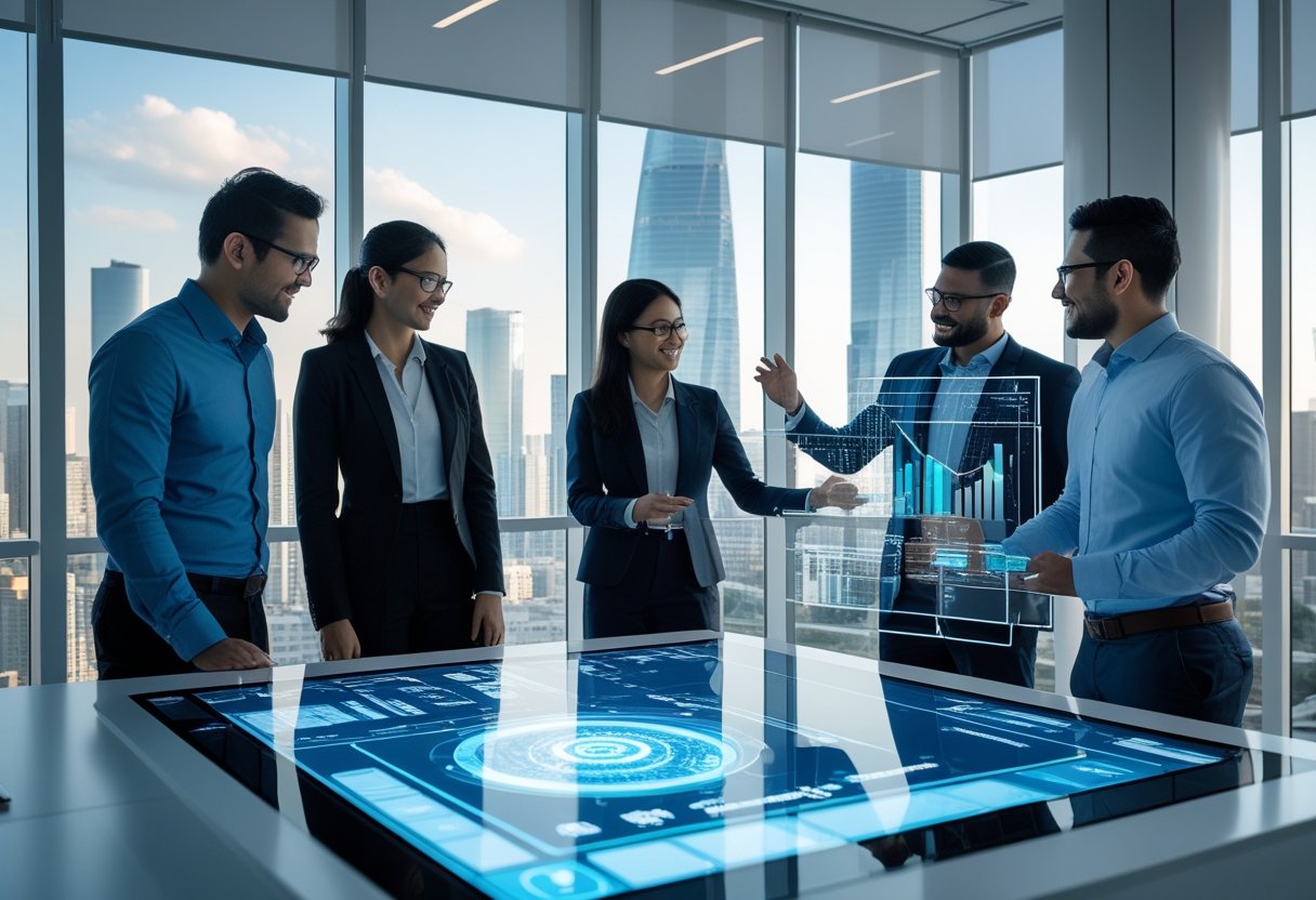 A group of professionals collaborating around a digital touchscreen table in a modern office with a city skyline visible through large windows.