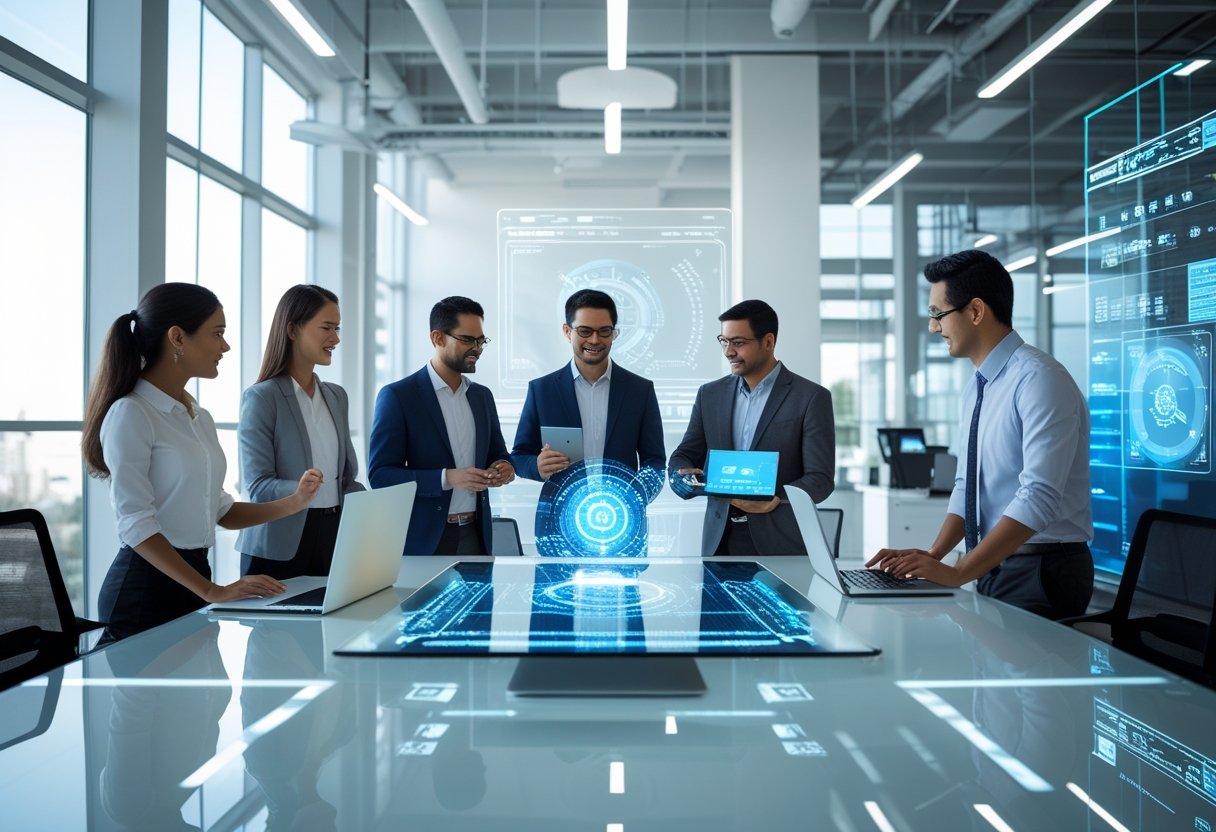 A group of professionals working together in a bright office with digital devices and futuristic technology.